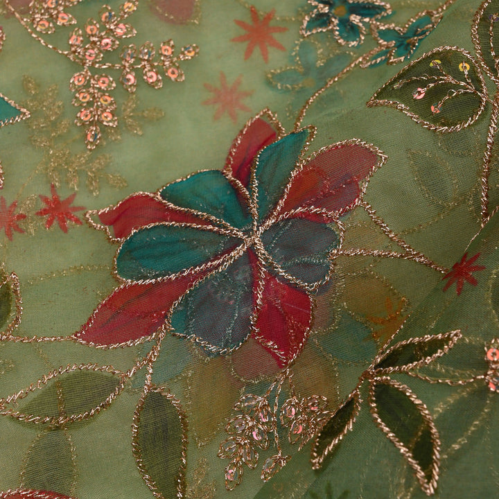 Pastel Green Printed Tissue Fabric With Embroidery