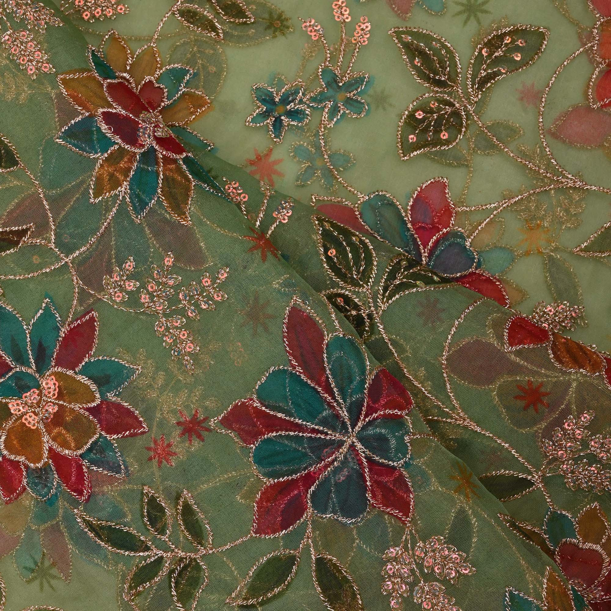 Pastel Green Printed Tissue Fabric With Embroidery