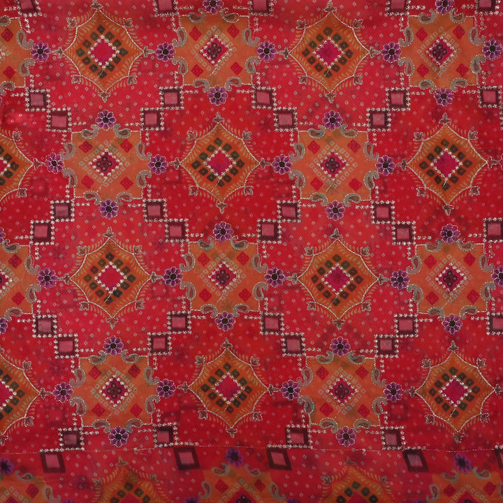 Persian Red Printed Silk Fabric With Embroidery