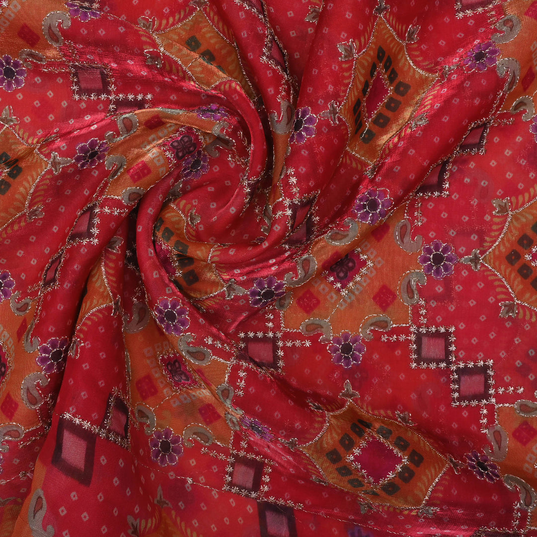 Persian Red Printed Silk Fabric With Embroidery