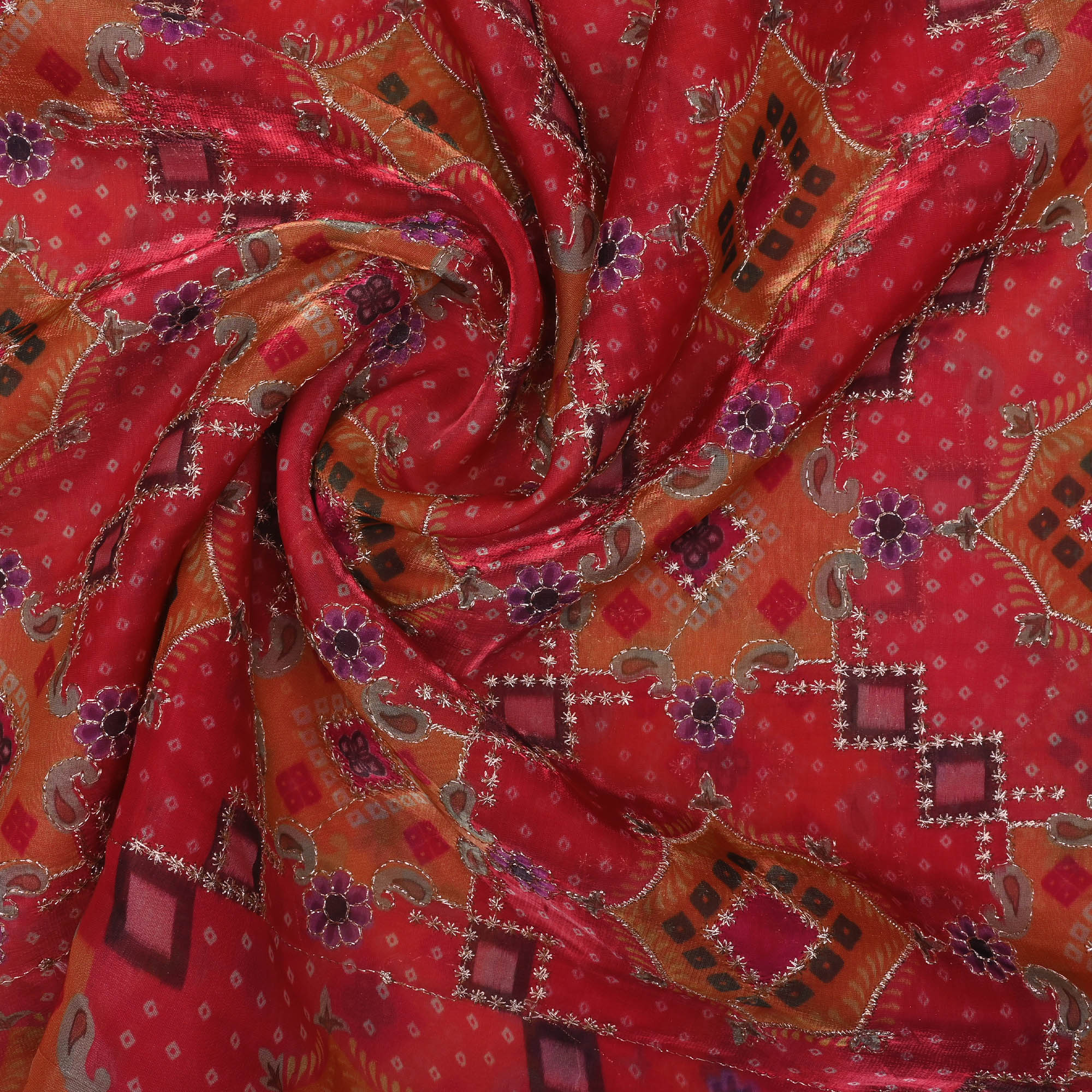 Persian Red Printed Silk Fabric With Embroidery