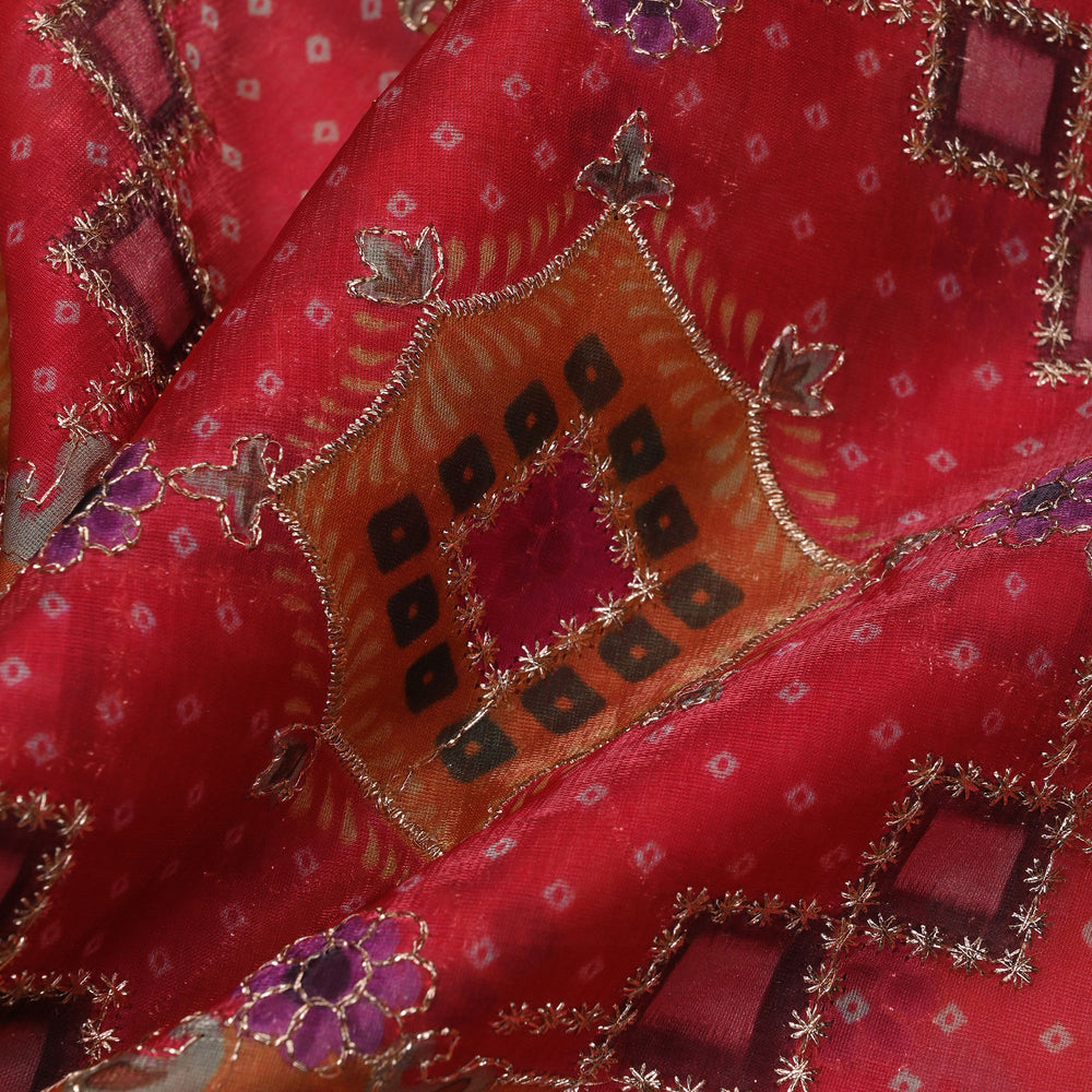 Persian Red Printed Silk Fabric With Embroidery