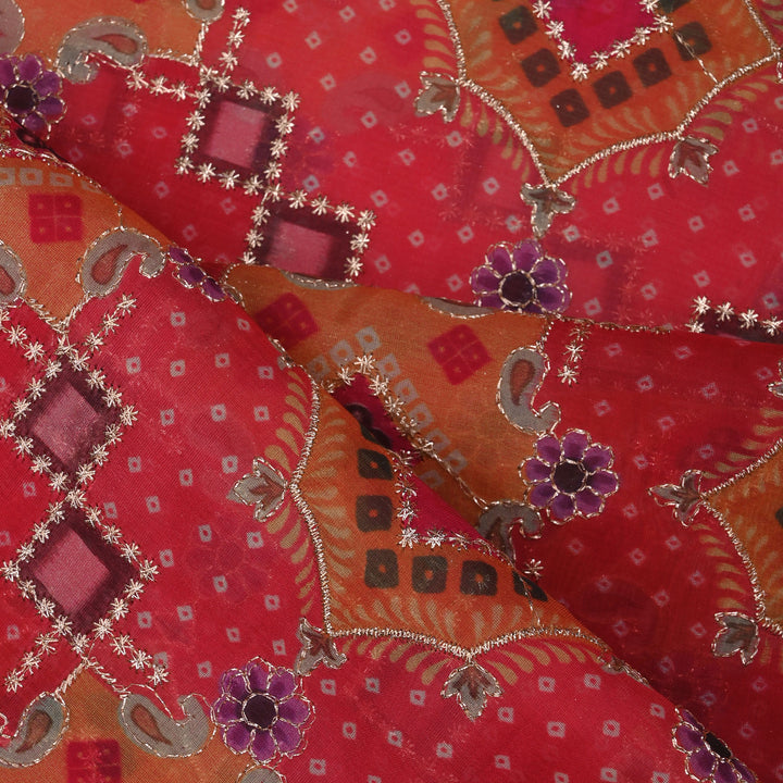 Persian Red Printed Silk Fabric With Embroidery