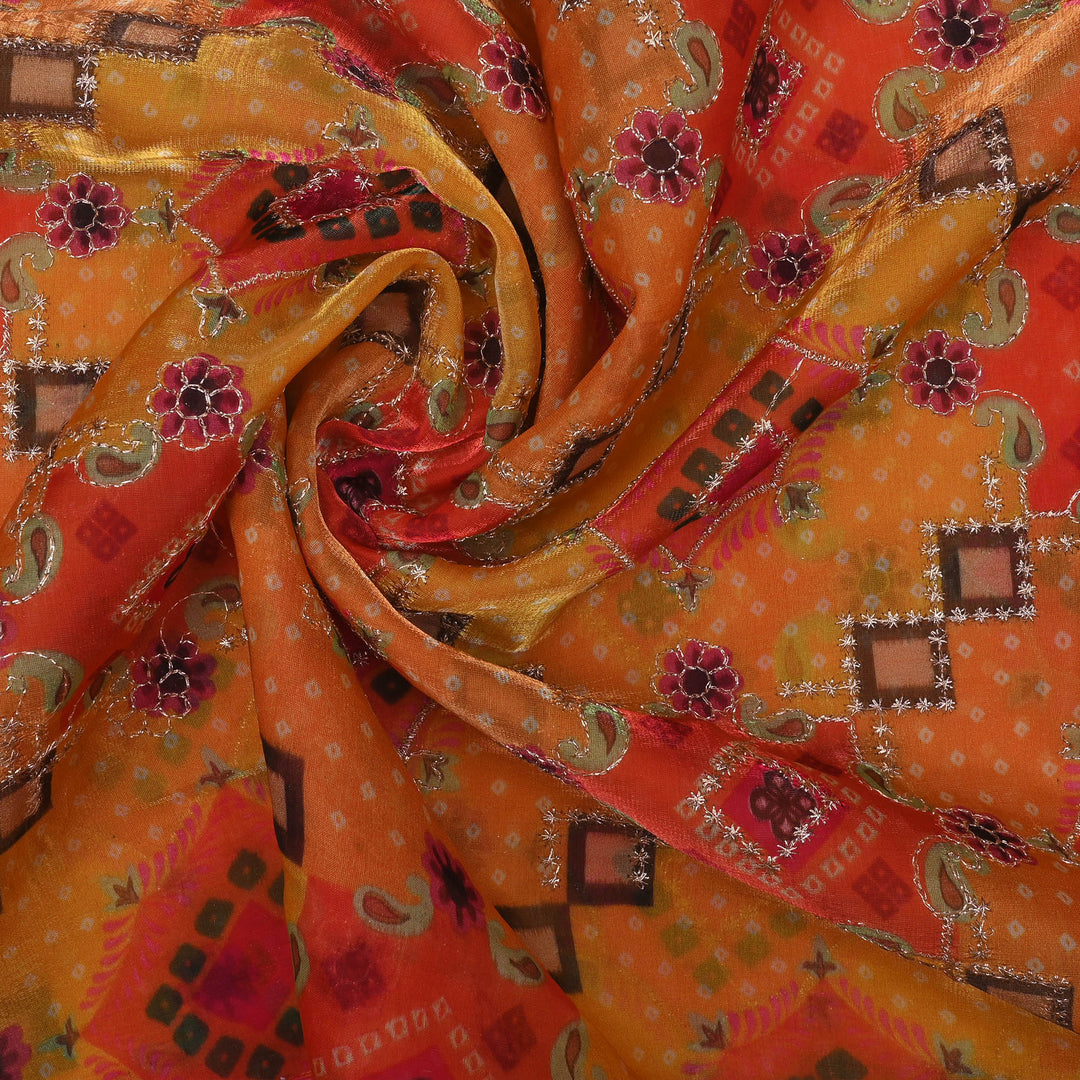 Marigold Yellow Printed Silk Fabric With Embroidery