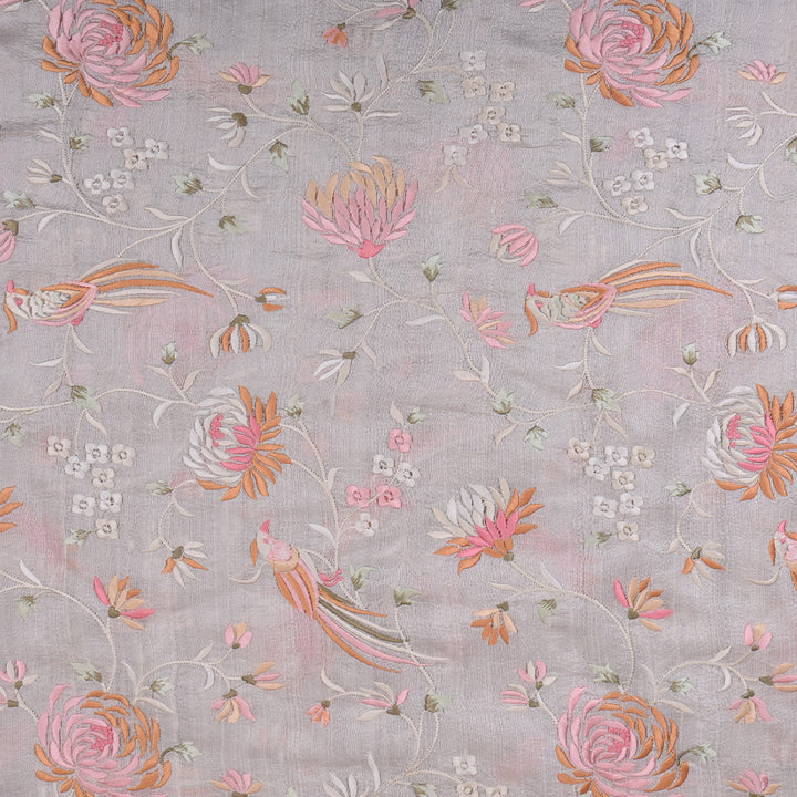 Pearl White Floral Embroidery Raw Silk Fabric