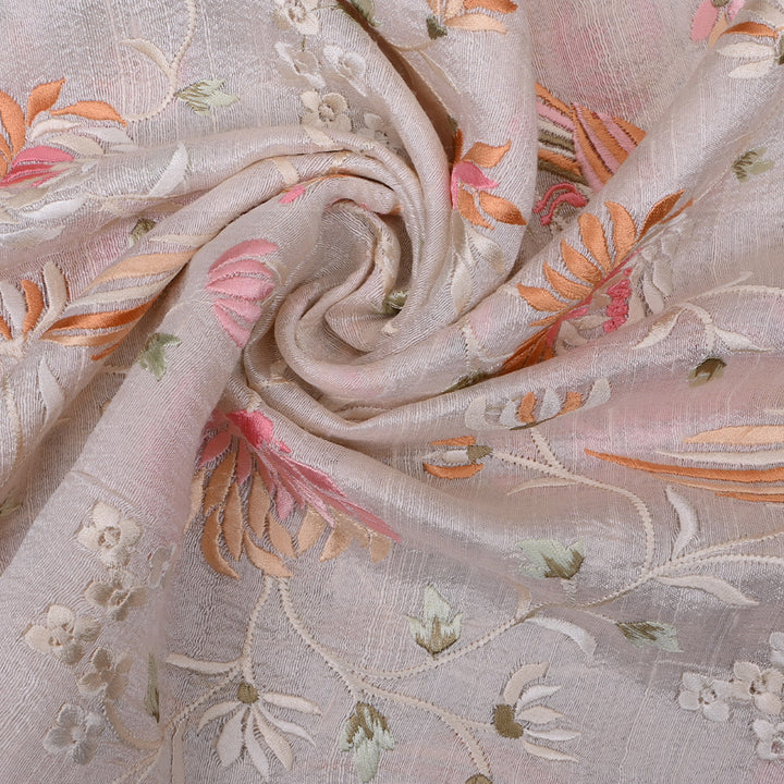 Pearl White Floral Embroidery Raw Silk Fabric