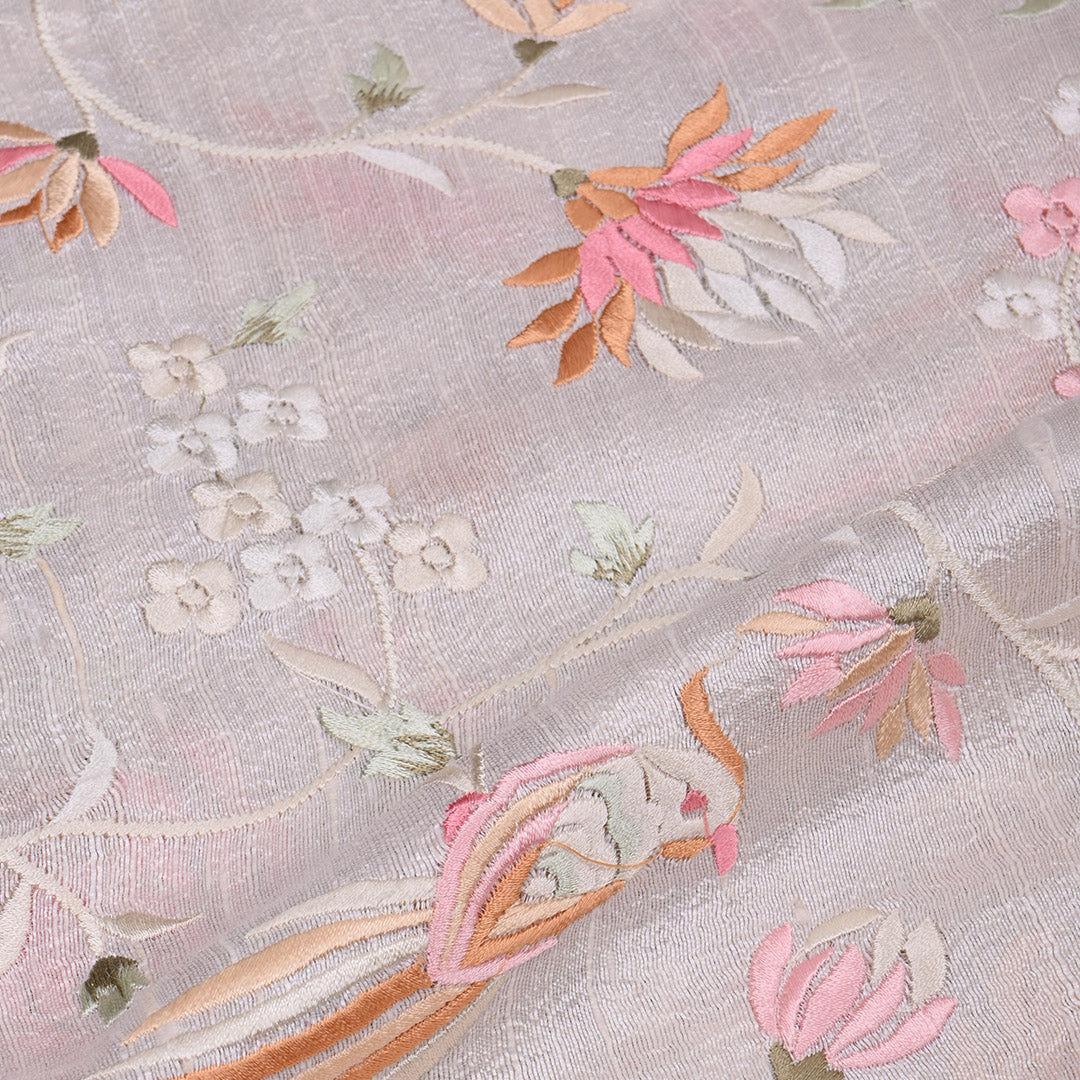 Pearl White Floral Embroidery Raw Silk Fabric