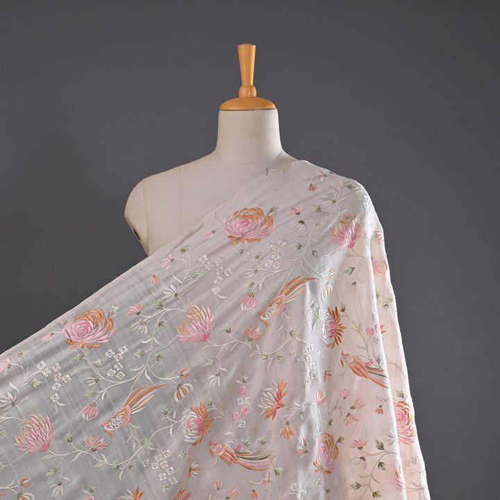 Pearl White Floral Embroidery Raw Silk Fabric