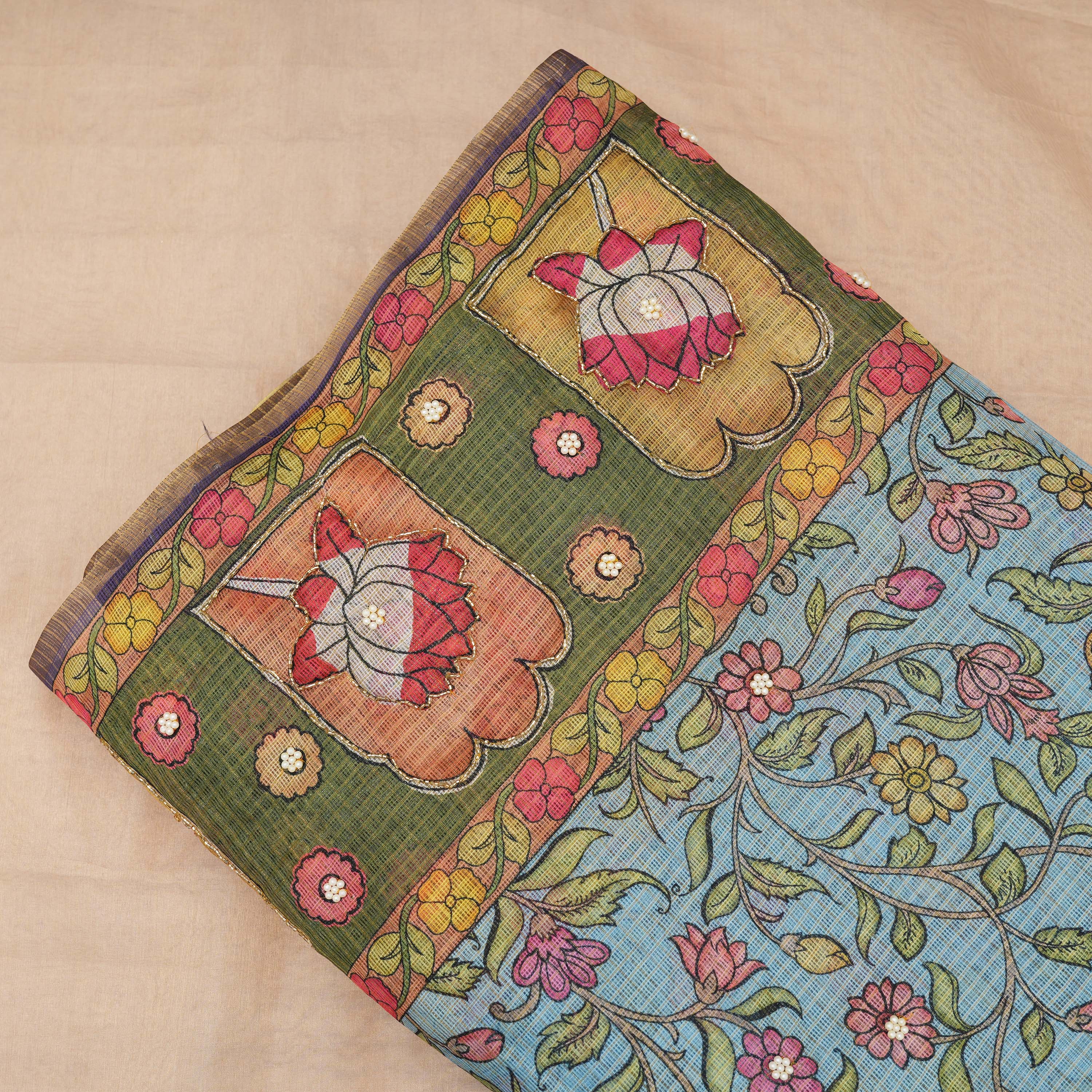 Baby Blue Floral Embroidered Kota Fabric With Pearl Cut Beads