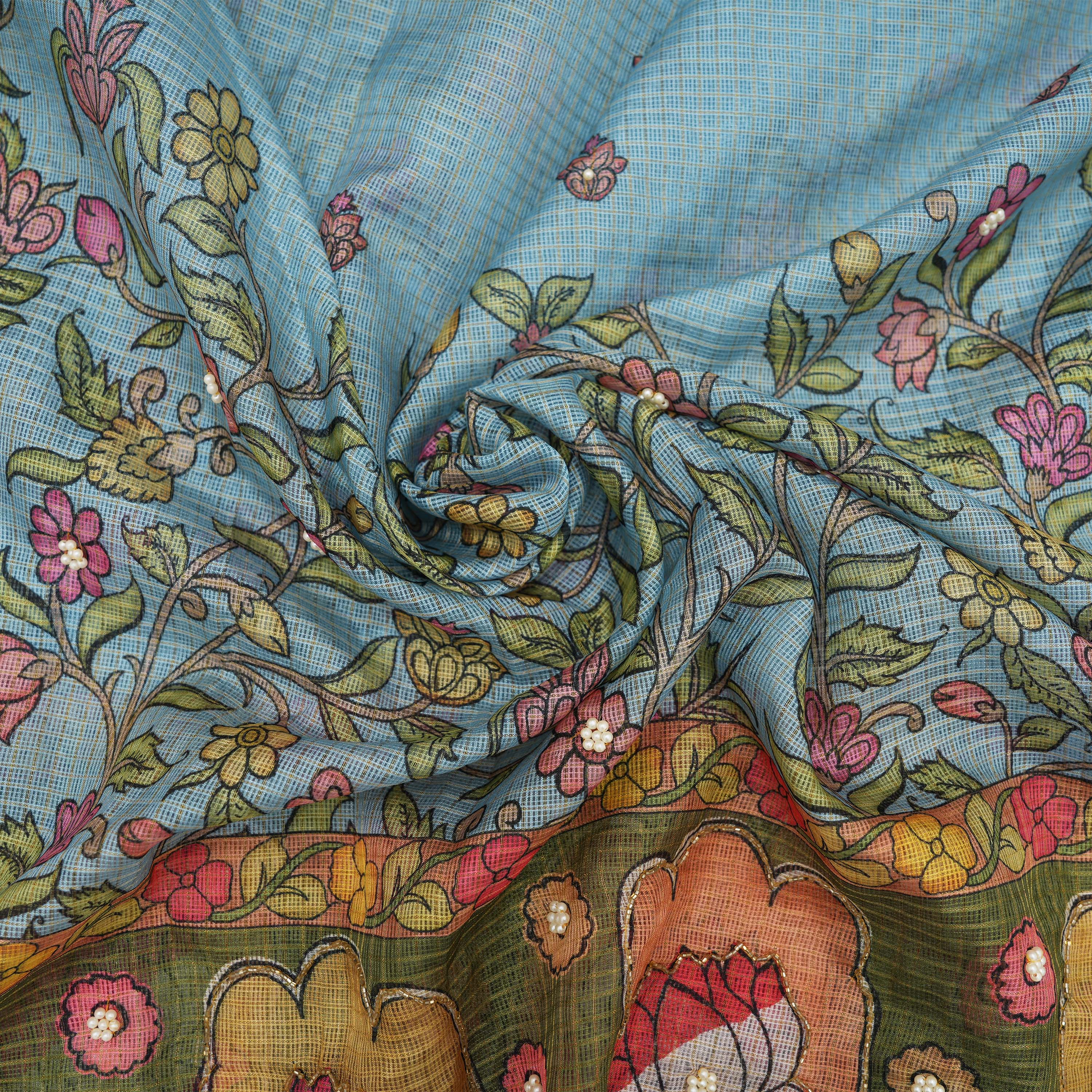 Baby Blue Floral Embroidered Kota Fabric With Pearl Cut Beads