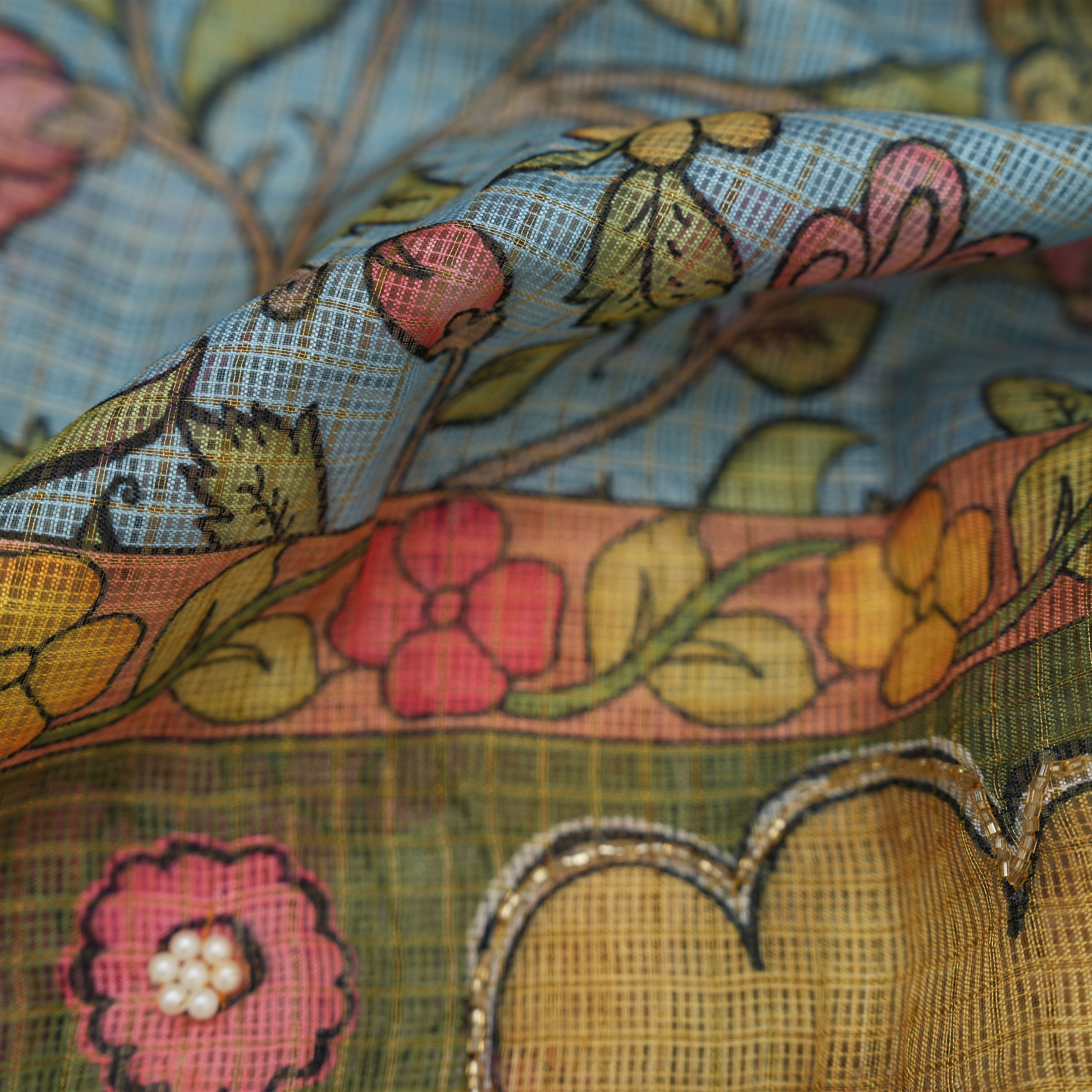 Baby Blue Floral Embroidered Kota Fabric With Pearl Cut Beads