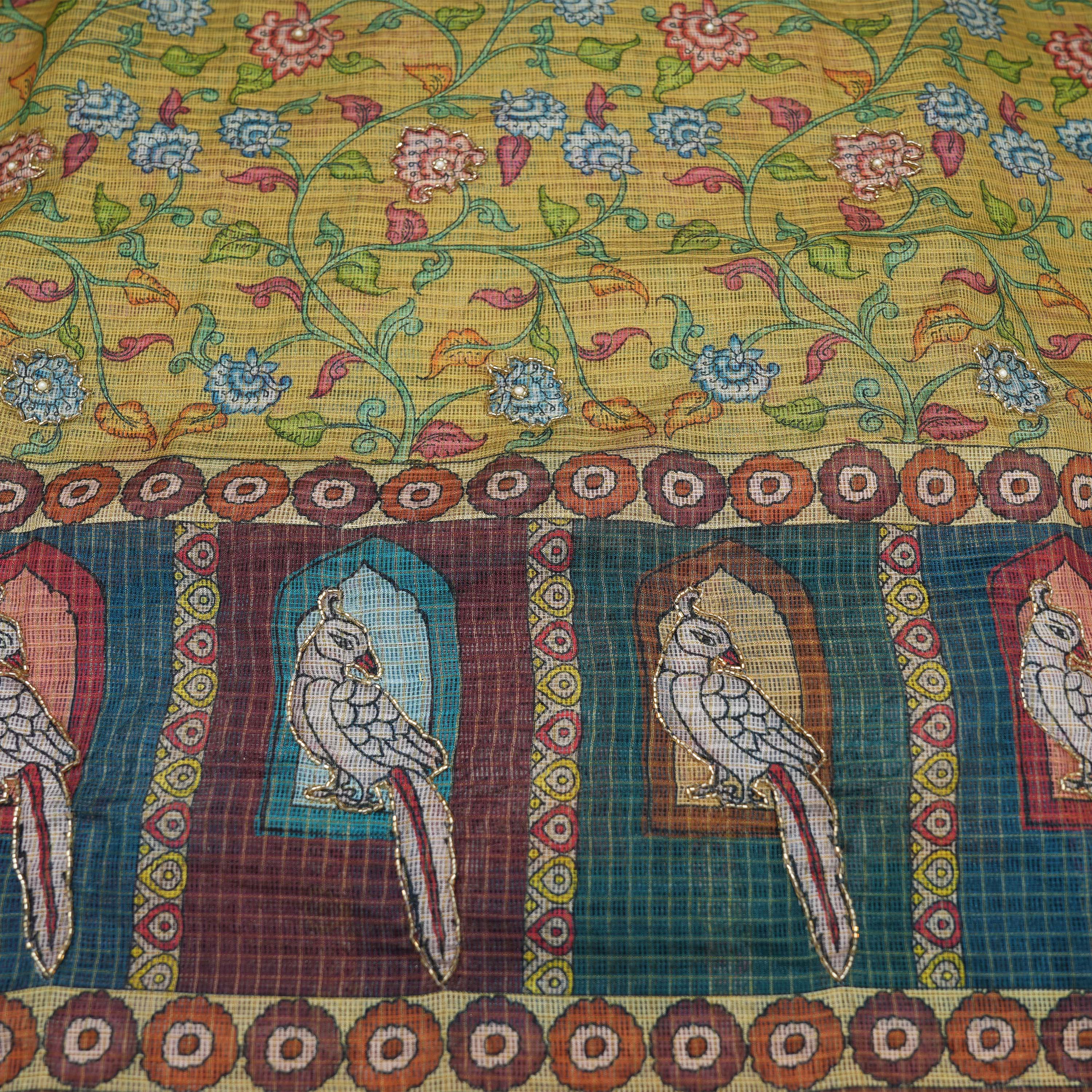 Arylide Yellow Kili Border And Floral Embroidered Kota Fabric