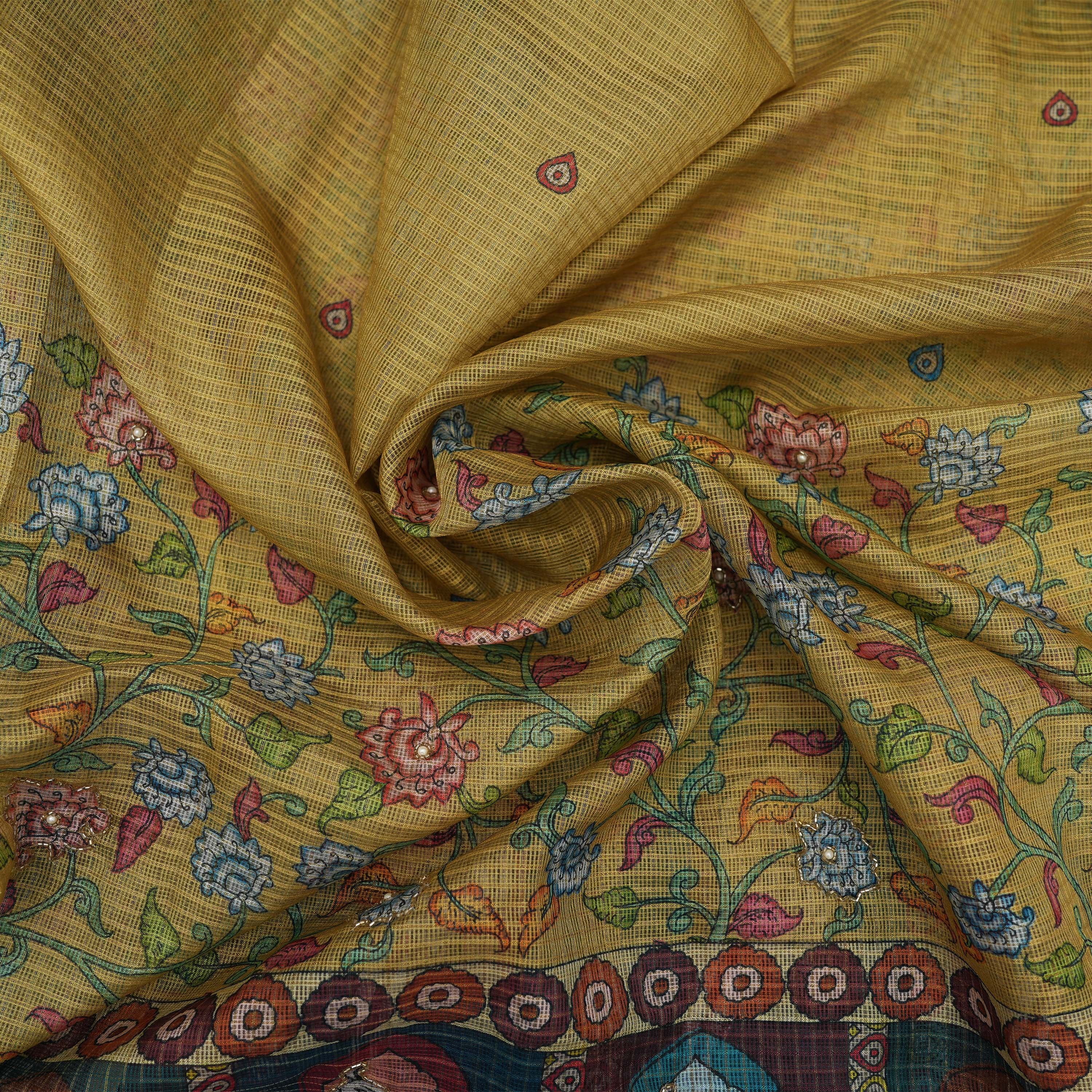 Arylide Yellow Kili Border And Floral Embroidered Kota Fabric