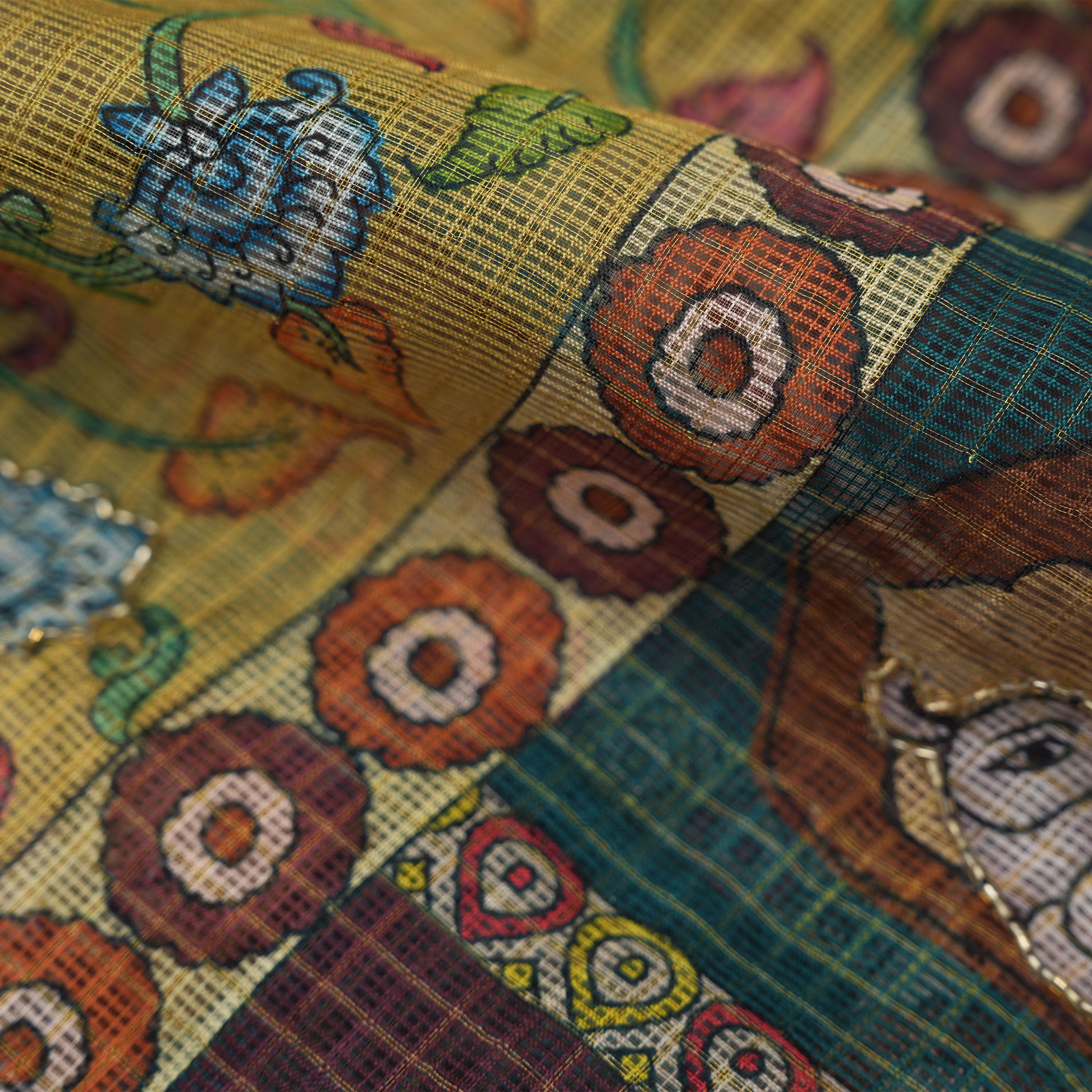 Arylide Yellow Kili Border And Floral Embroidered Kota Fabric