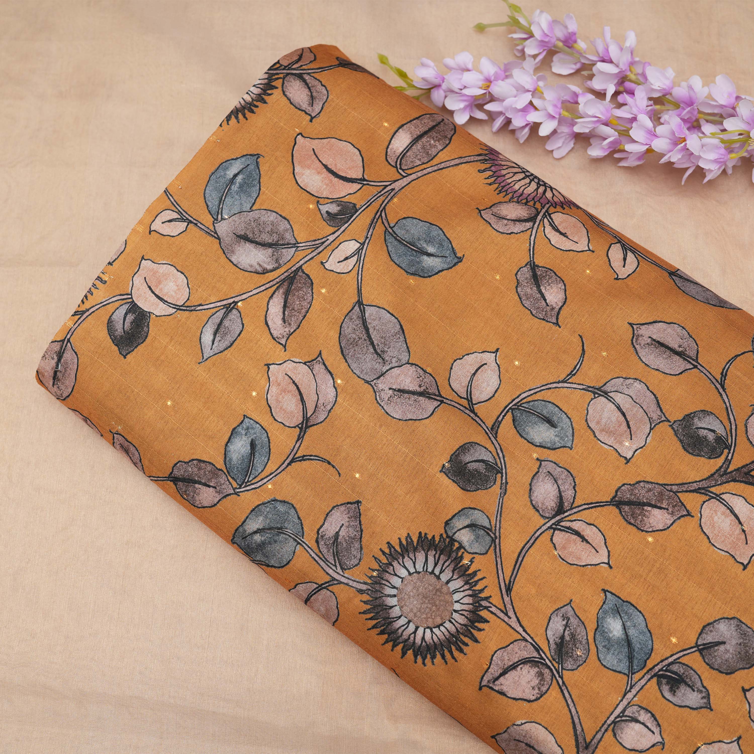 Indian Yellow Floral Jaal On Printed Tussar Fabric With Mirrors