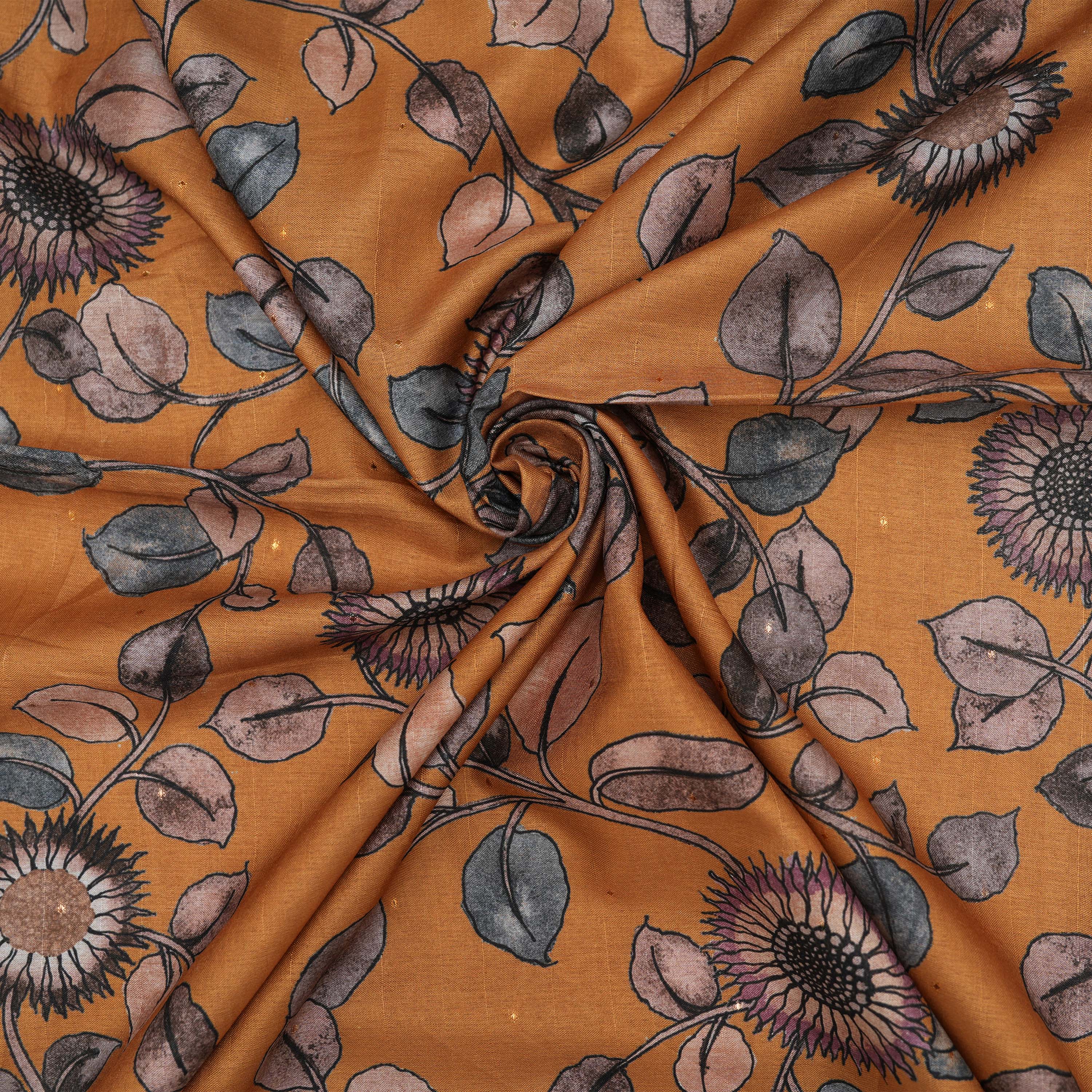 Indian Yellow Floral Jaal On Printed Tussar Fabric With Mirrors