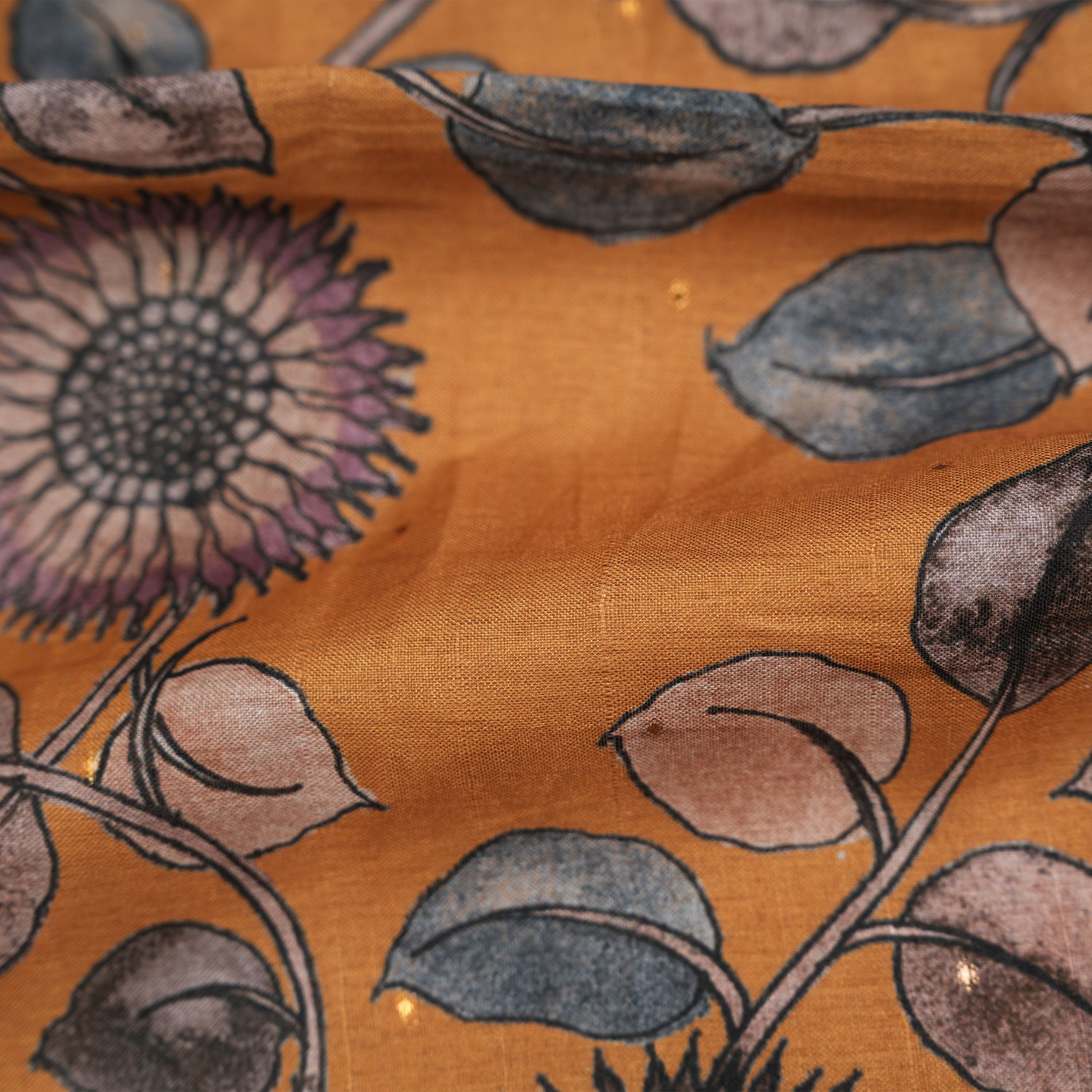 Indian Yellow Floral Jaal On Printed Tussar Fabric With Mirrors