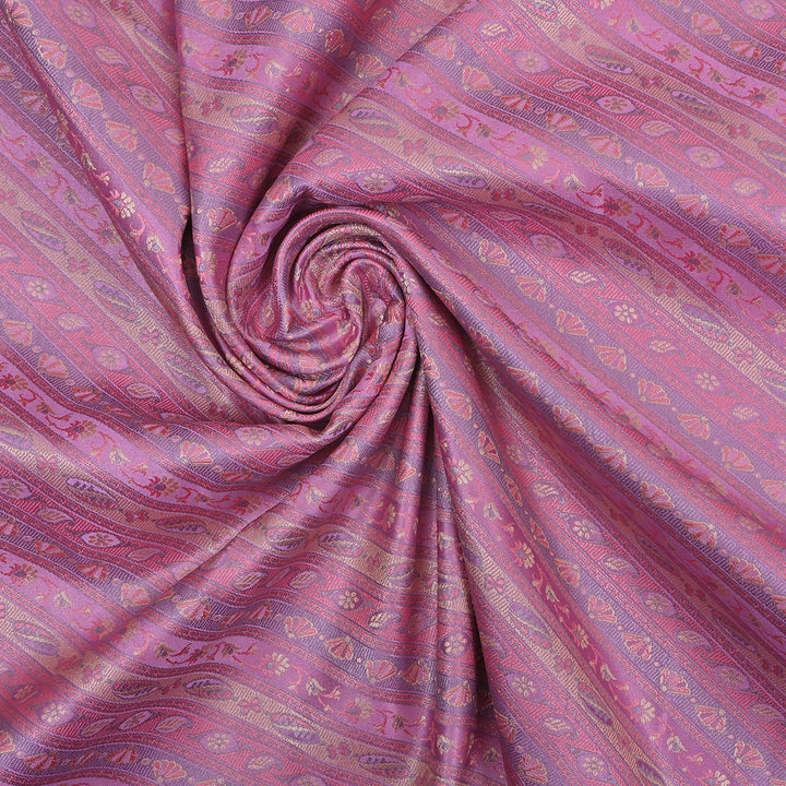 Lilac Jamawar Silk Fabric With Floral Stripes