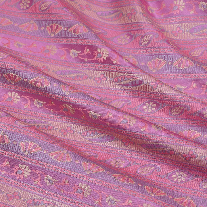 Lilac Jamawar Silk Fabric With Floral Stripes