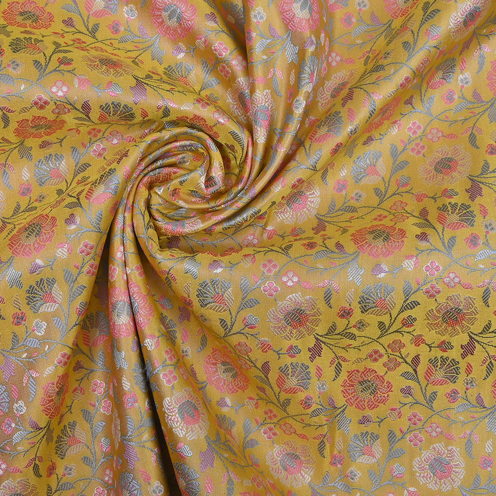 Lime Yellow Floral Jamawar Silk Fabric