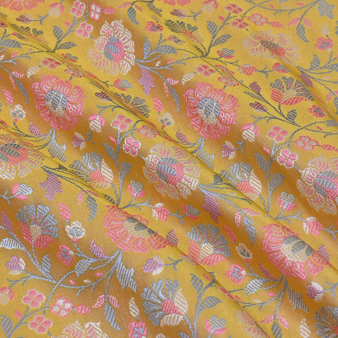 Lime Yellow Floral Jamawar Silk Fabric