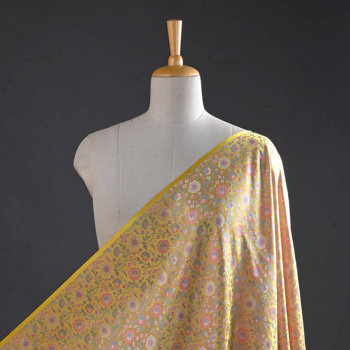 Lime Yellow Floral Jamawar Silk Fabric