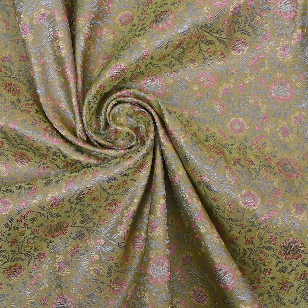 Pastel Green Jamawar Silk Fabric With Floral Jaal