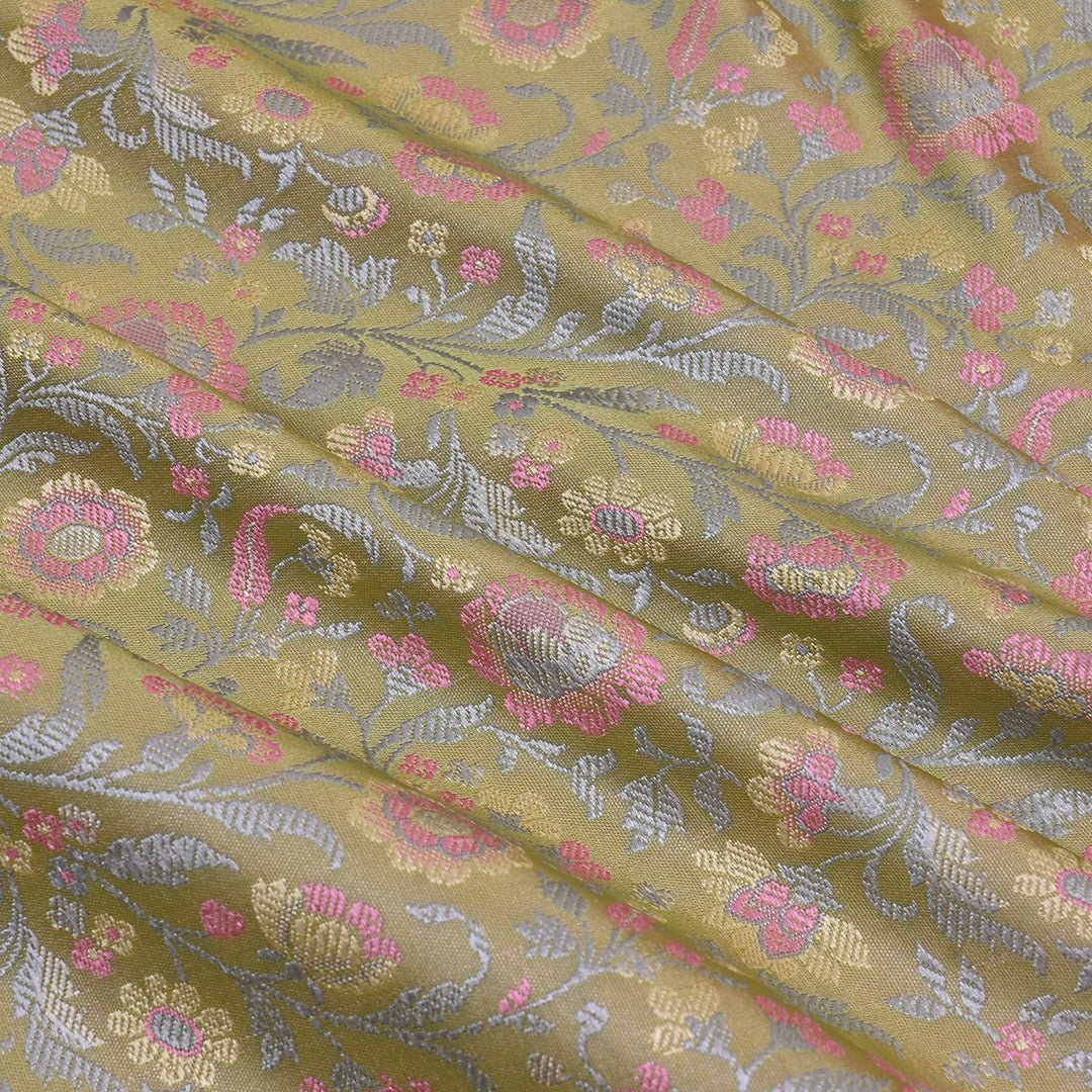 Pastel Green Jamawar Silk Fabric With Floral Jaal