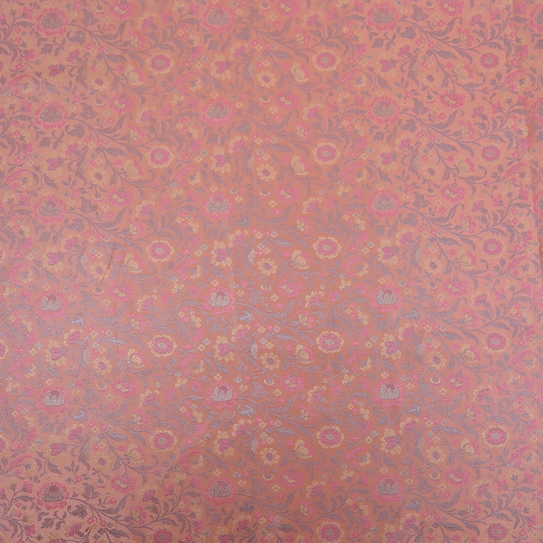 Bright Peach Floral Jamawar Silk Fabric