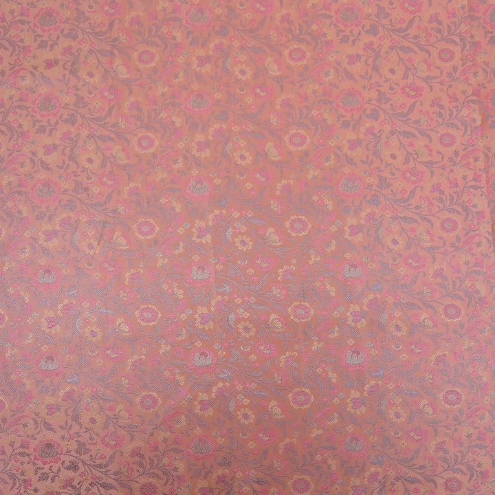 Bright Peach Floral Jamawar Silk Fabric