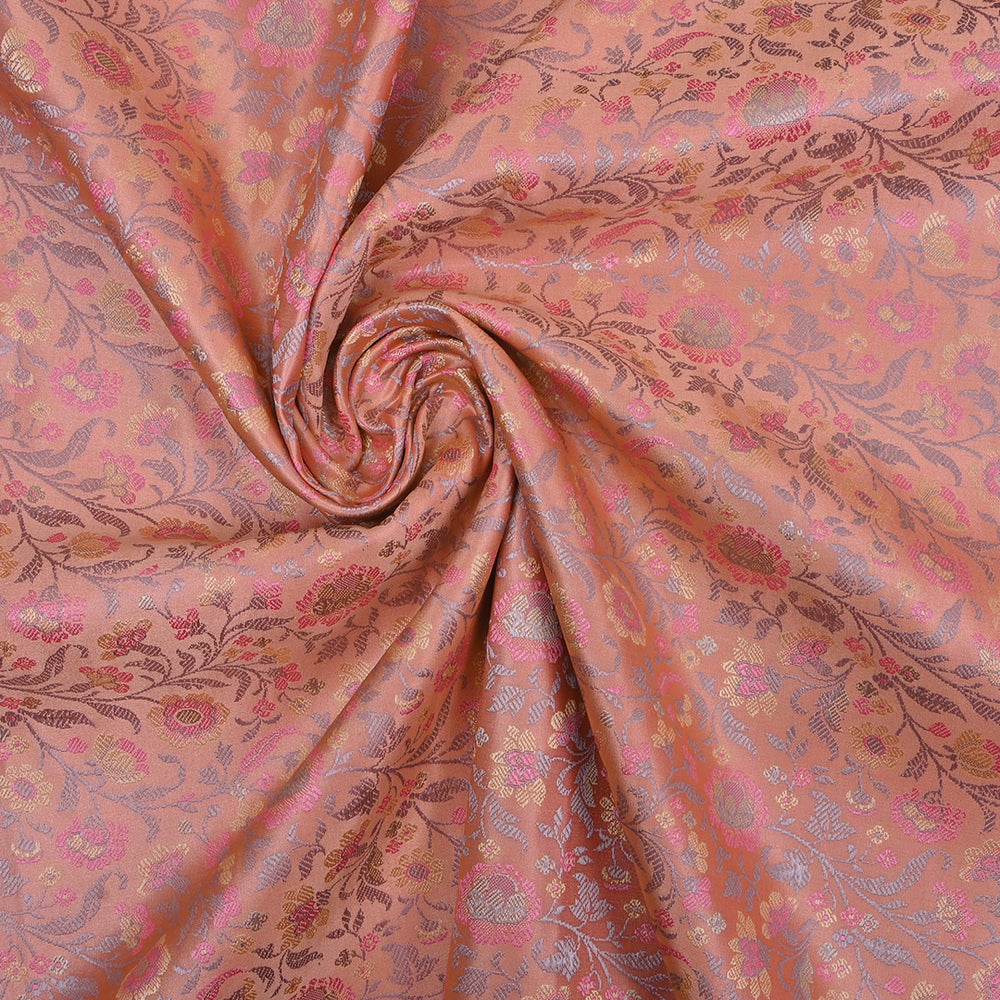 Bright Peach Floral Jamawar Silk Fabric