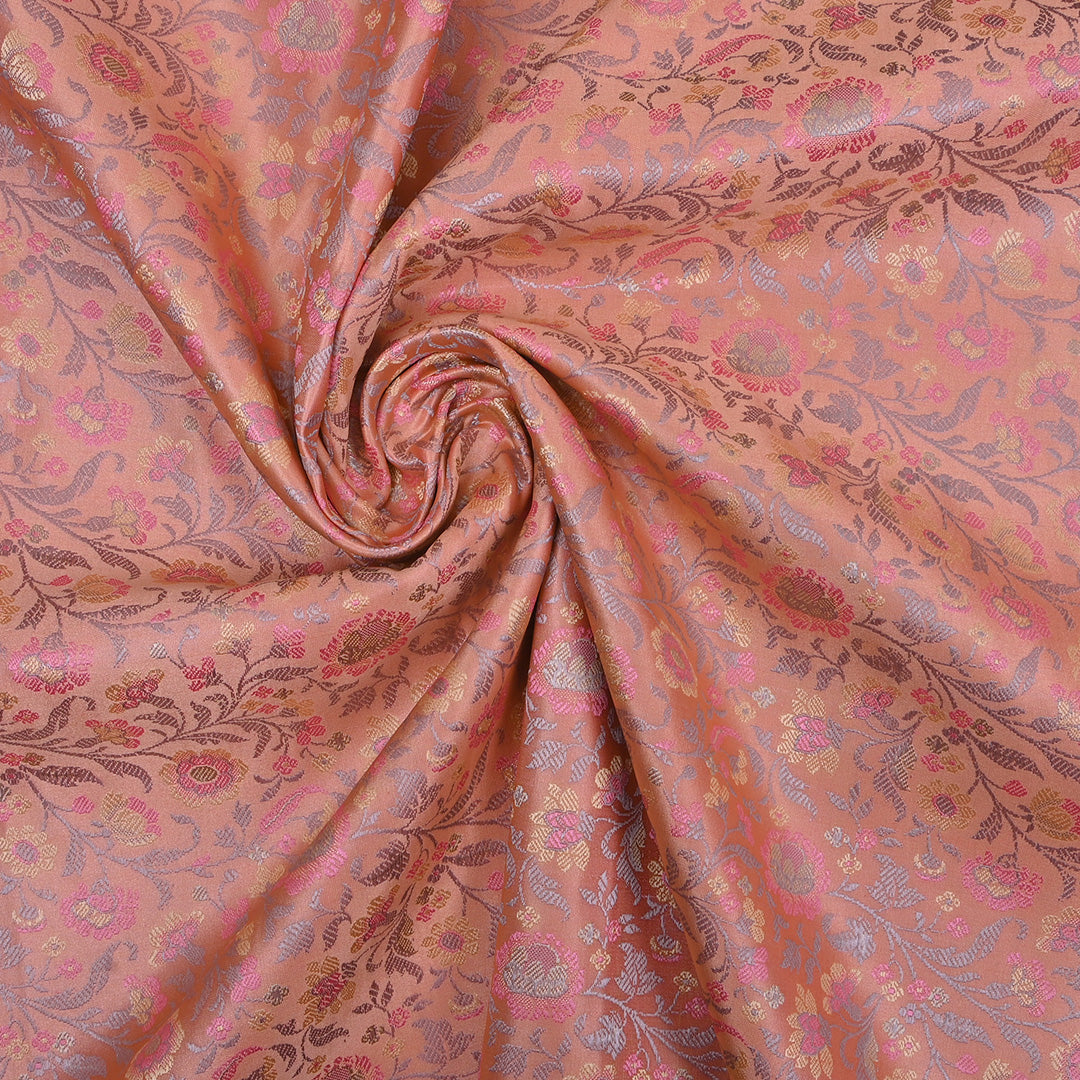 Bright Peach Floral Jamawar Silk Fabric