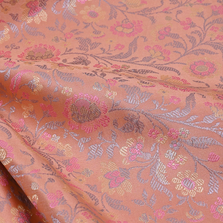 Bright Peach Floral Jamawar Silk Fabric