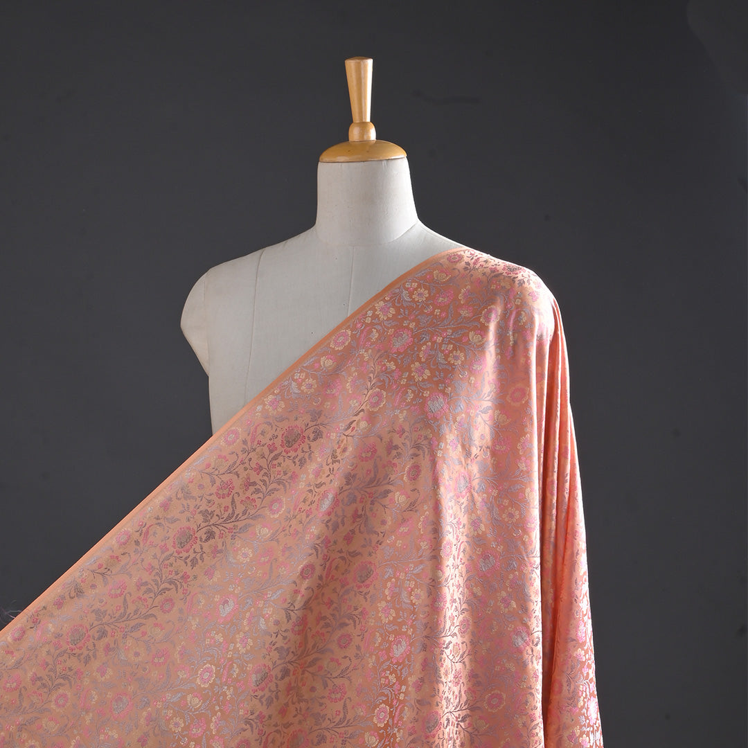 Bright Peach Floral Jamawar Silk Fabric