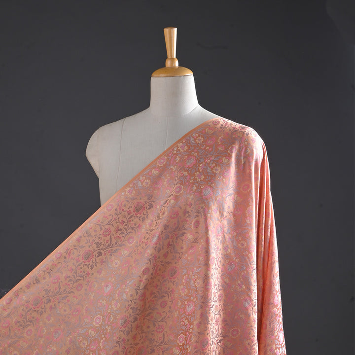 Bright Peach Floral Jamawar Silk Fabric