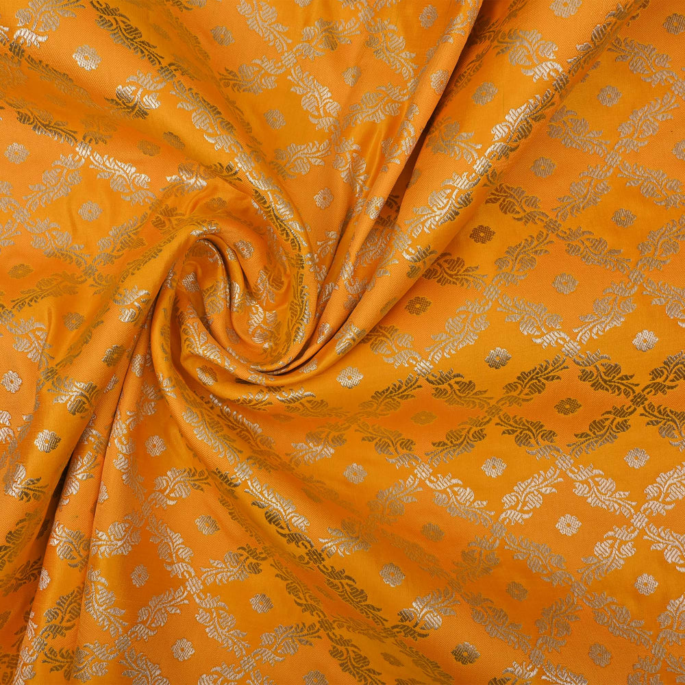 Orange Yellow Floral Banarasi Silk Fabric