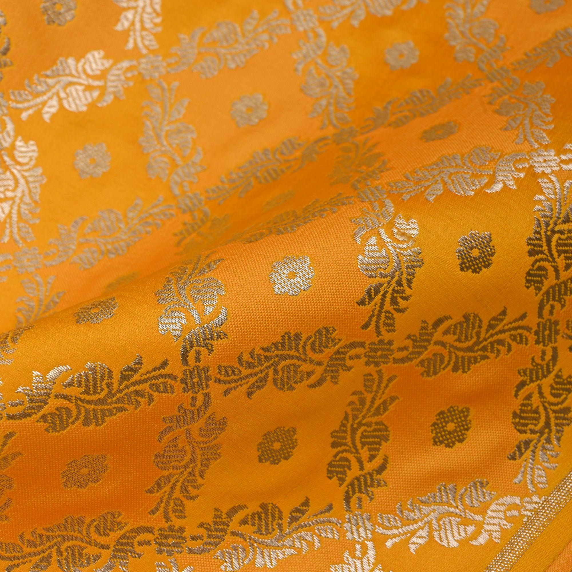 Orange Yellow Floral Banarasi Silk Fabric