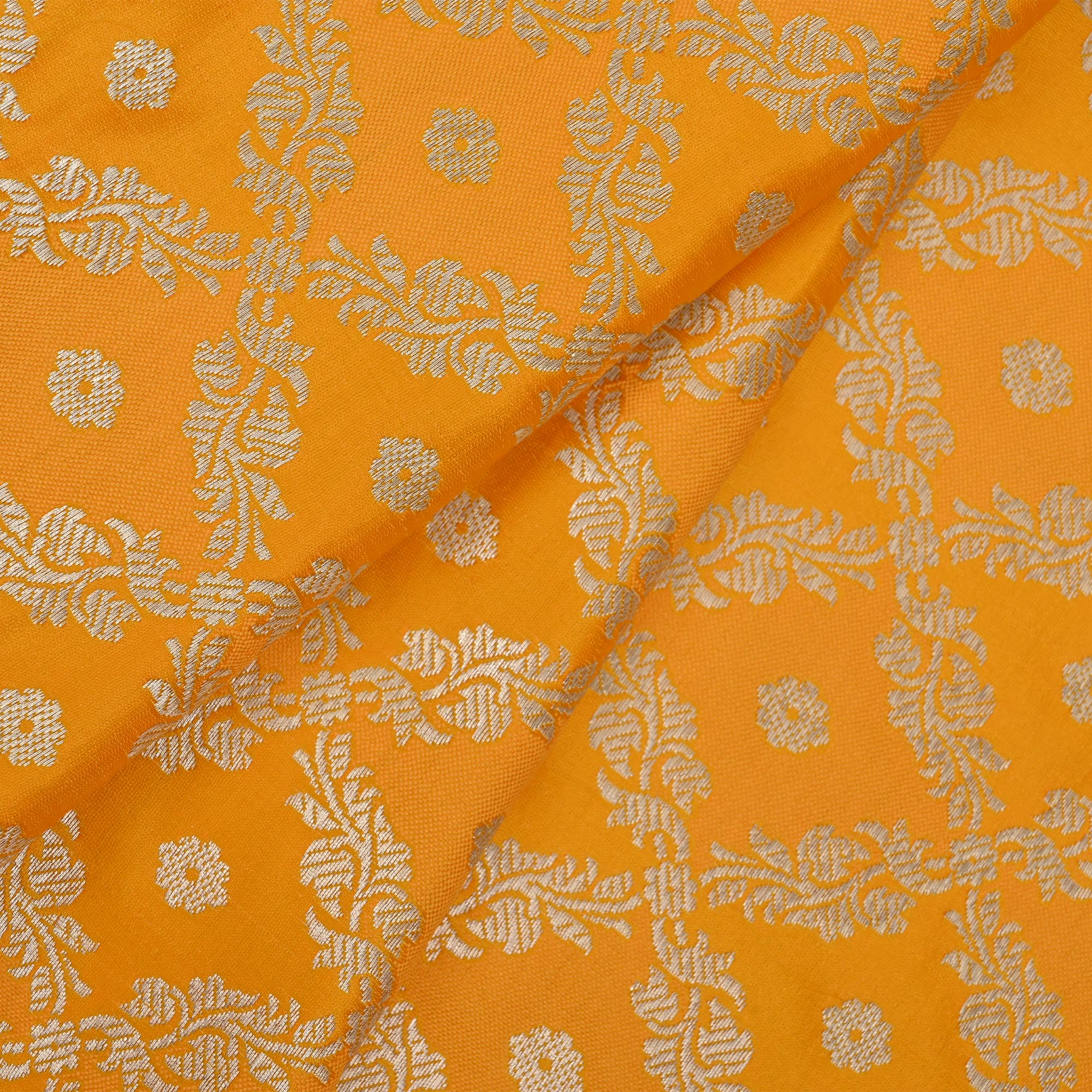 Orange Yellow Floral Banarasi Silk Fabric