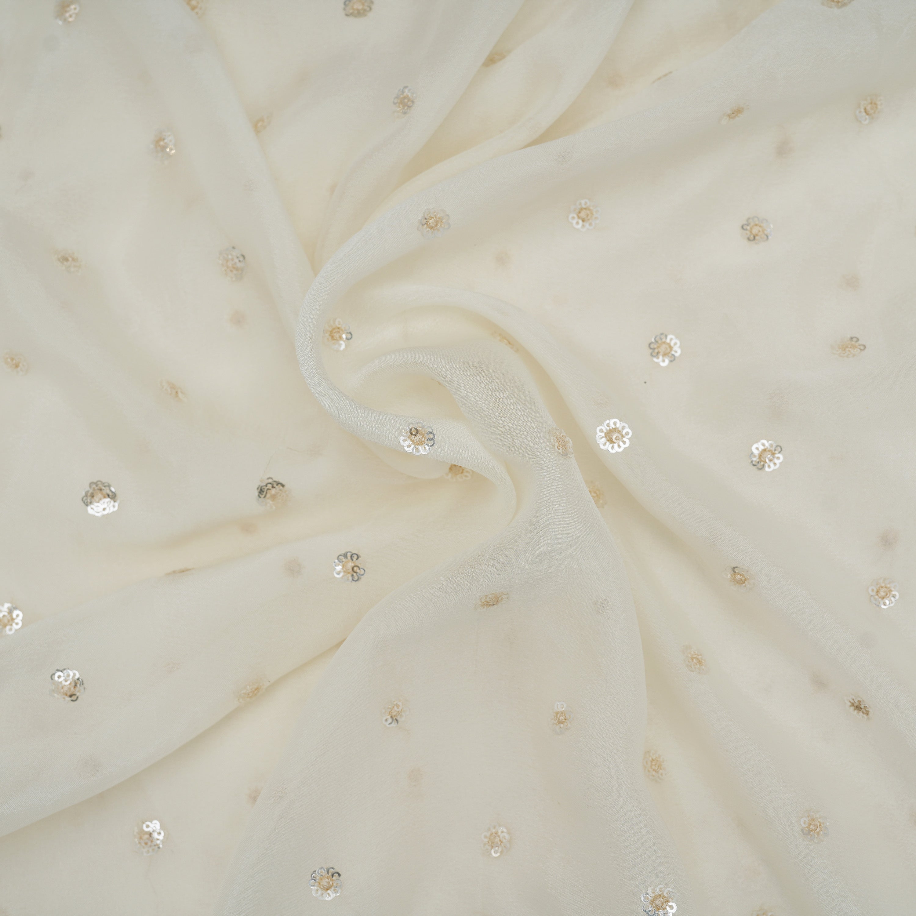 Alabaster White Chiffon Fabric With Mini Floral Sequins
