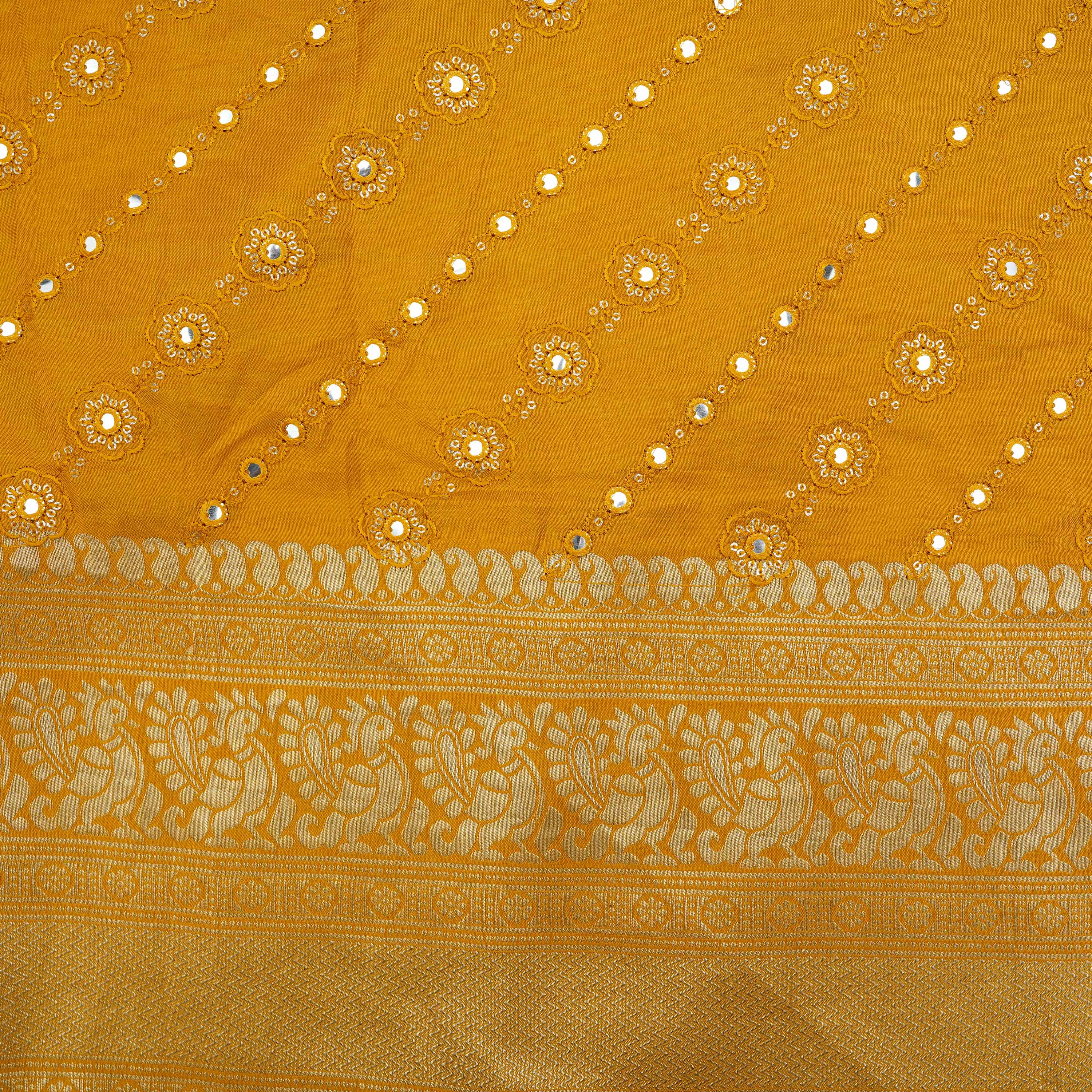 Mustard Yellow Mirror Work Zari Border Dupion Silk Fabric
