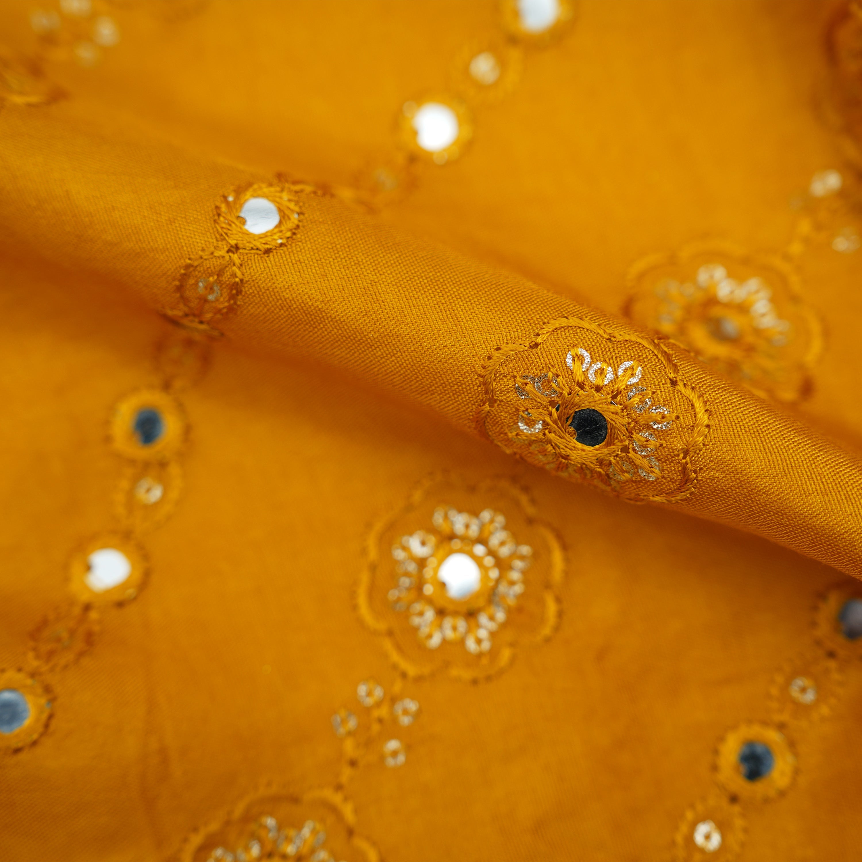 Mustard Yellow Mirror Work Zari Border Dupion Silk Fabric