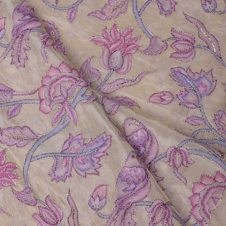 Alabaster White Printed Floral Tissue Fabric With Embroidery