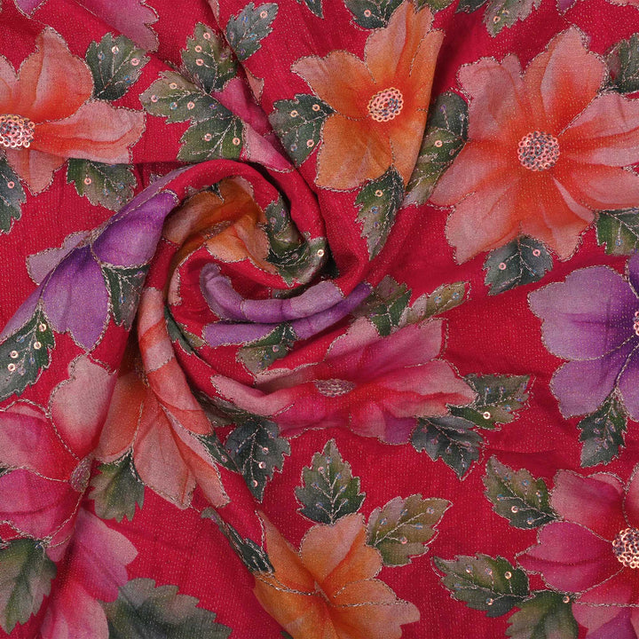 Desire Red Printed Floral Tissue Fabric With Embroidery