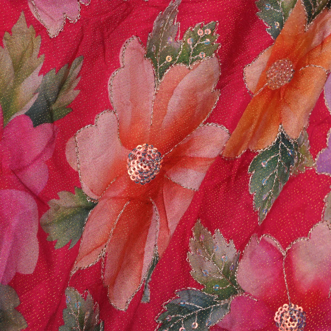 Desire Red Printed Floral Tissue Fabric With Embroidery