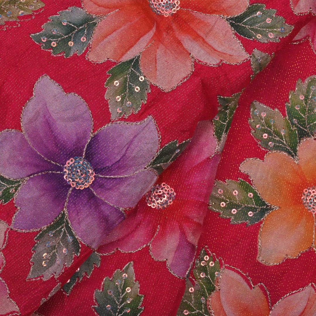 Desire Red Printed Floral Tissue Fabric With Embroidery