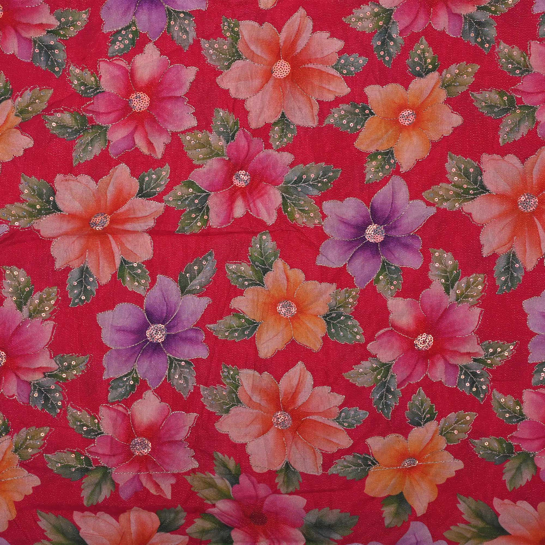 Desire Red Printed Floral Tissue Fabric With Embroidery