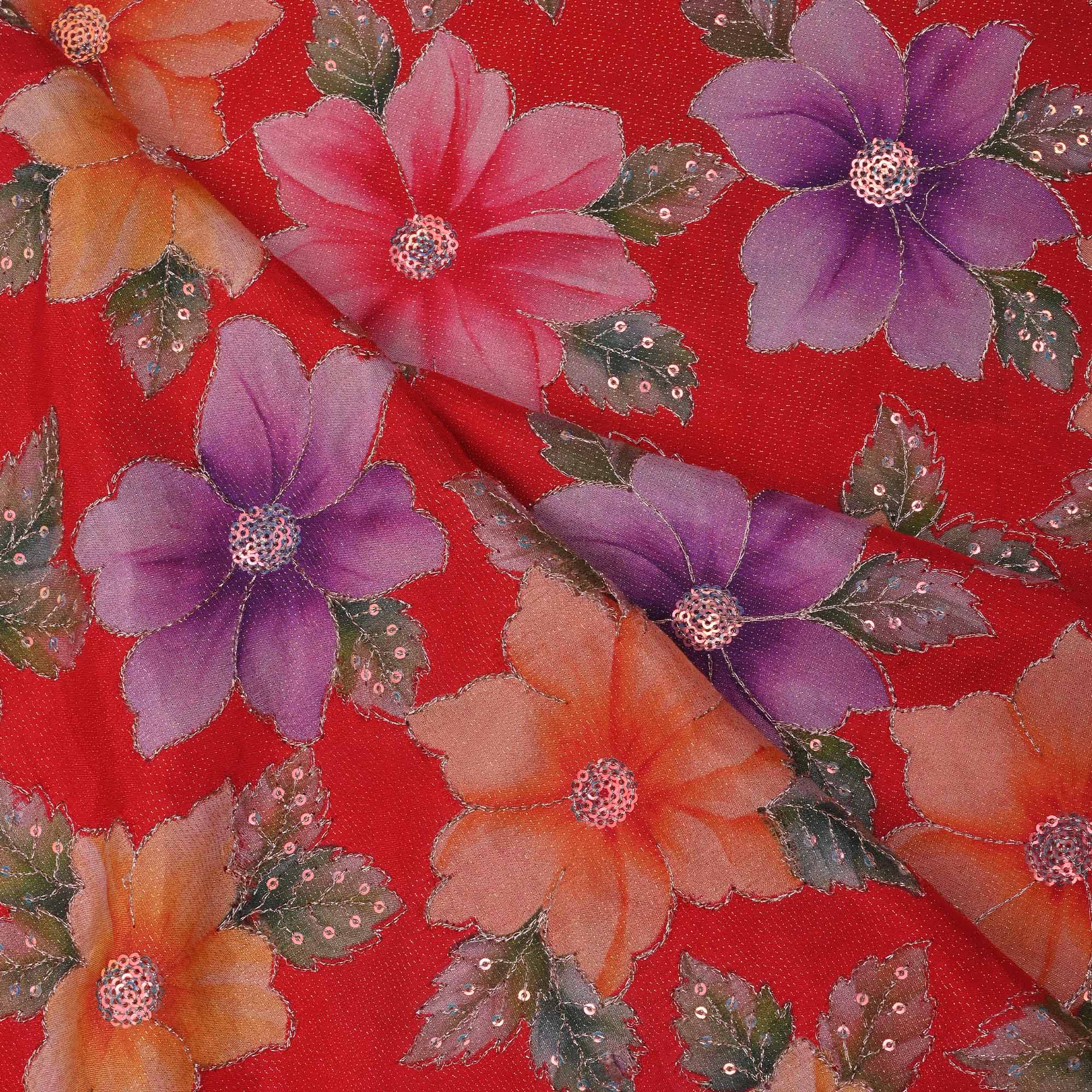Tomato Red Printed Tissue Fabric With Embroidery