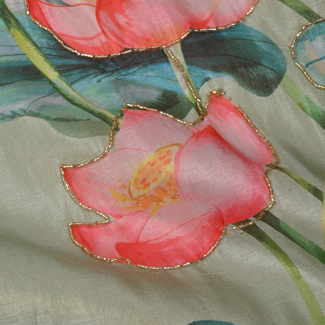 Gin Green Printed Floral Tissue Fabric With Embroidery