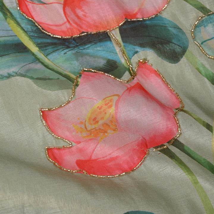 Gin Green Printed Floral Tissue Fabric With Embroidery