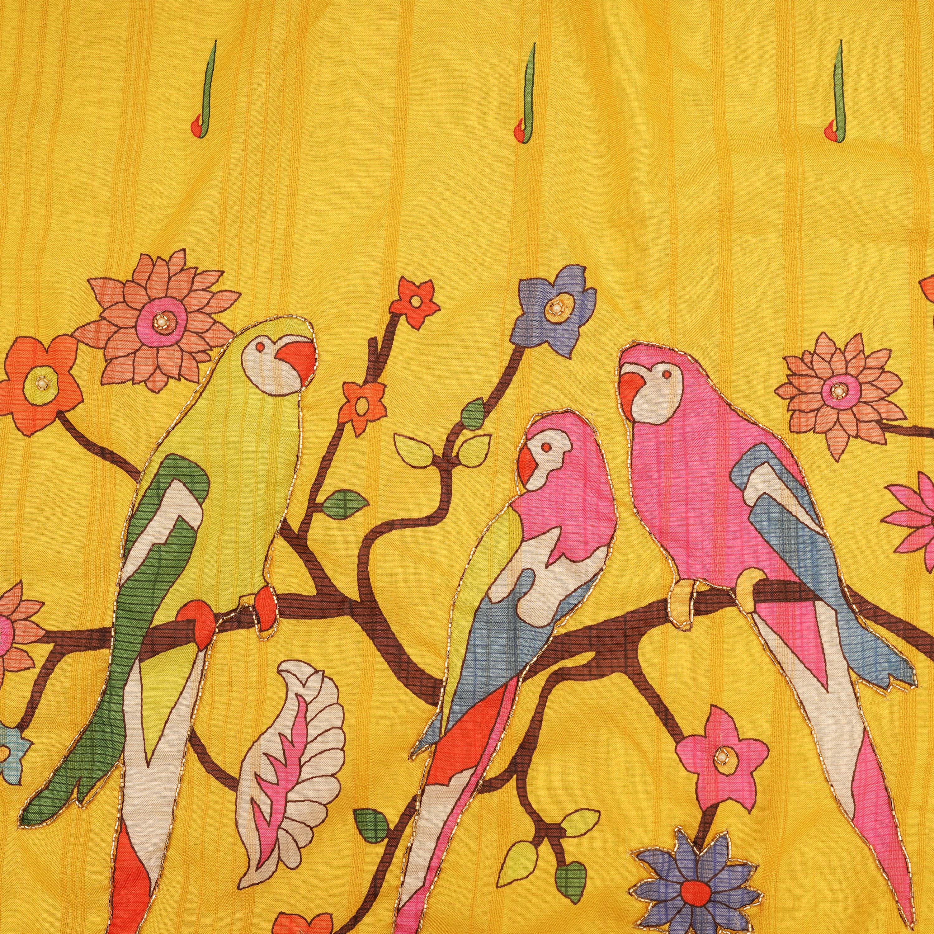 Tuscany Yellow Kili Motif Border Printed Raw Silk Fabric